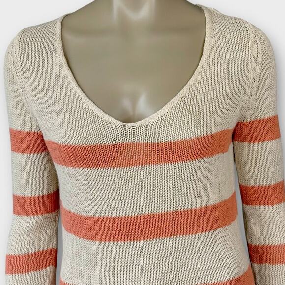 Willow & Clay Linen Blend Fringed Knit Lightweight Sweater Size S Striped Cream - Picture 4 of 14